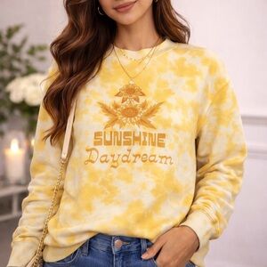Anthro Sunshine Daydream Yellow Tie Dye Sweatshirt Size S Graphic Pullover